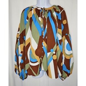 August Sky Women's Geometric Print Long Balloon Sleeve Blouse Size Large - NWOT